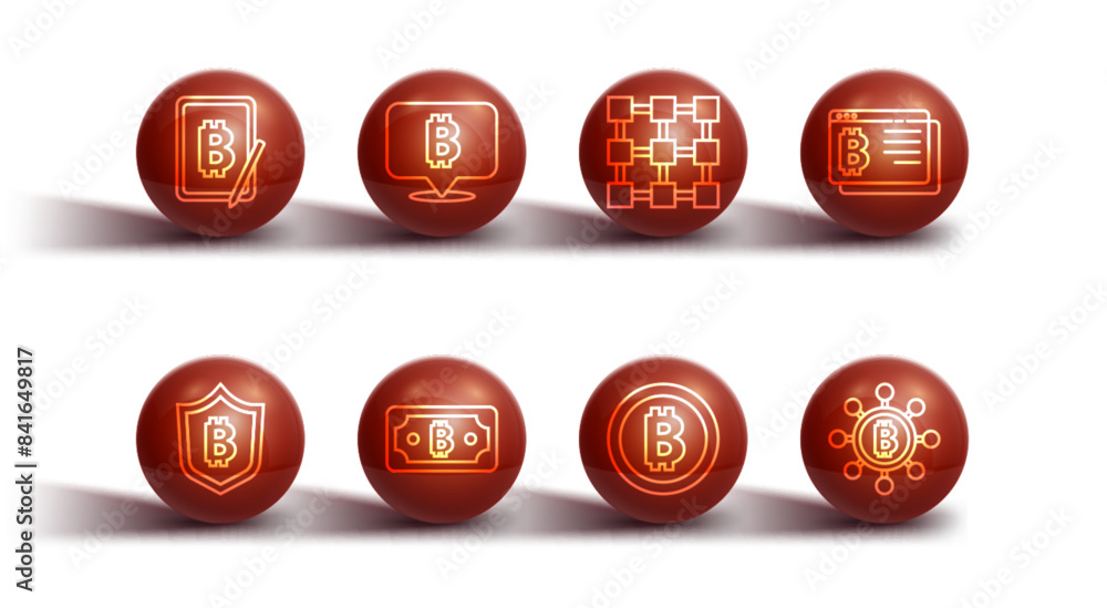 Poster set line mining bitcoin from tablet, shield with, bitcoin browser, cryptocurrency, blockchain techno