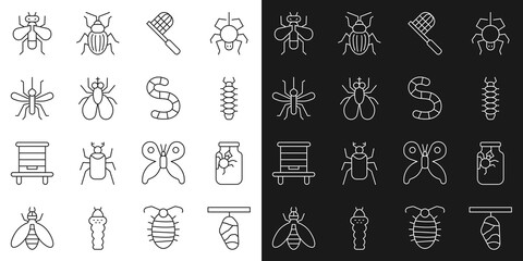 Set line Butterfly cocoon, Spider in jar, Centipede, net, Insect, Mosquito, and Worm icon. Vector
