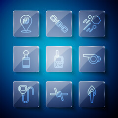 Set line Walkie talkie, Barbed wire, Torch flame, Flying stone, Hand grenade, Protest and Whistle icon. Vector