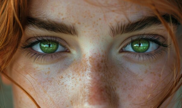 Close-up of the face of young woman with bright green eyes and gathered hair on her head, close-up of the face of European woman, the embodiment of genuine beauty