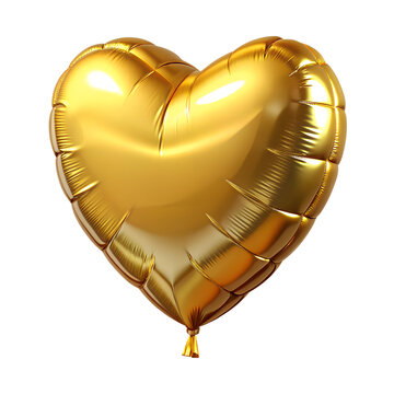Heart balloon a love, made from birthday plastic balloon, wringkles, gold color, front view. Stylish metallic, Glossy shiny with reflection foil balloon. Good for anniversary, valentines day, birthday