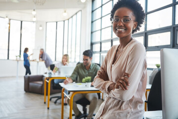 Office, business woman and portrait with pride, creative or journalist with arms crossed. Workspace, female leader or content editor with confidence, article goals or story angle for news publication