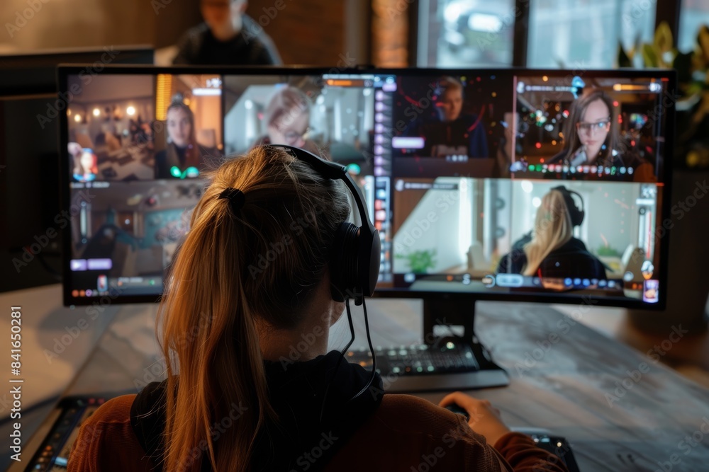 Poster virtual team building activity with online game interface and video feeds for remote collaboration