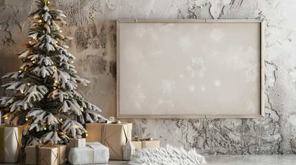 Wall poster mockup with winter decoration, christmas mockup