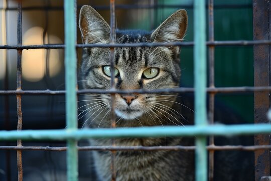 Curious tabby cat with intense stare behind metal bars in confinement. Showing watchful and alert nature. Focused on safety and protection. In need of rescue and welfare