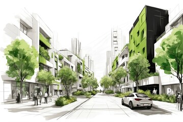 Sustainable urban design featuring eco-friendly elements. Rough sketch with green watercolor, ecology line art concept