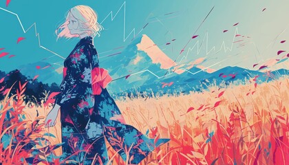 Anime girl in Japanese style standing in a meadow with mountains, stock market trends overlay, high contrast, perfect for business and finance themes