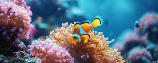 Fototapeta premium Clown fish swimming on anemone underwater reef background, Colorful Coral reef landscape in the deep of ocean. Marine life concept, Underwater world scene