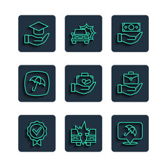 Set line Approved and check mark, Car accident, Umbrella, Money with shield, Travel suitcase in hand, Education grant and Hand holding briefcase icon. Vector