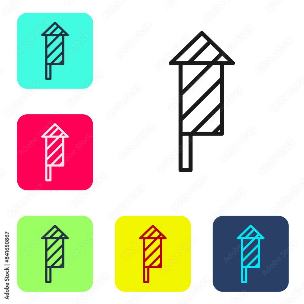 Poster black line firework rocket icon isolated on white background. concept of fun party. explosive pyrote