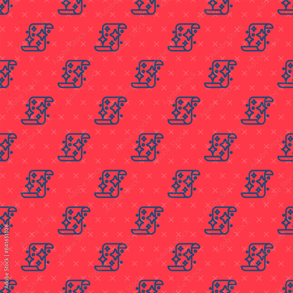Poster blue line magic scroll icon isolated seamless pattern on red background. decree, paper, parchment, s