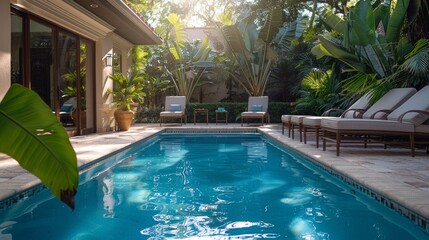 A pool with a lot of plants around. Nice room of Resort