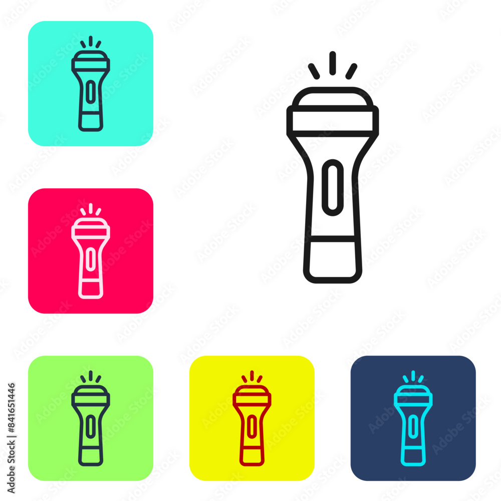 Poster black line flashlight icon isolated on white background. set icons in color square buttons. vector