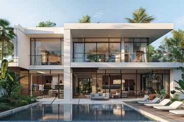 Fototapeta premium A large white house with a pool and a large glass window