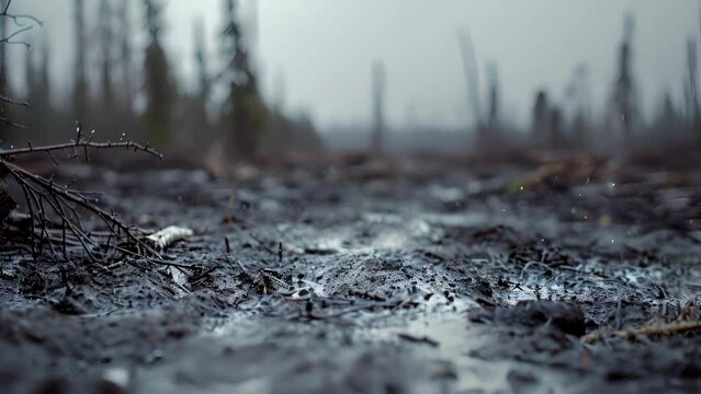 A oncepristine boreal forest reduced to a barren deforested wasteland due to tar sands development.