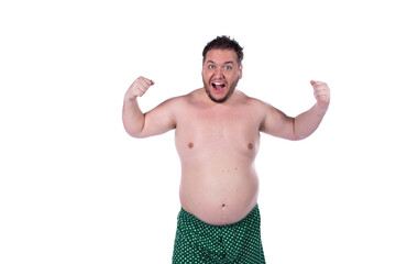 Fototapeta premium Funny fat man on a diet. White background.