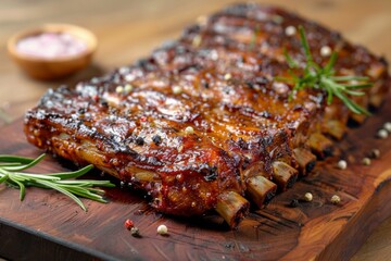 Barbecue Baby Back Ribs with Rosemary on a Wooden Board