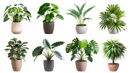 Obraz premium Clipart illustration set of trendy potted plants for home. Different indoor houseplants isolated on white background. Alocasia, begonia, fan palm, monstera, ficus, strelitzia and oxalis.[A-0001]