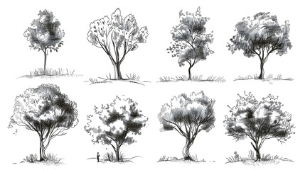 Drawing trees for landscape design. Vector illustration, hand drawn. Set of tree sketches isolated on white.[A-0002]
