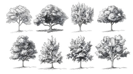 Drawing trees for landscape design. Vector illustration, hand drawn. Set of tree sketches isolated on white.[A-0003]