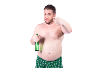 Fototapeta premium Funny fat man drinks light beer. White background.