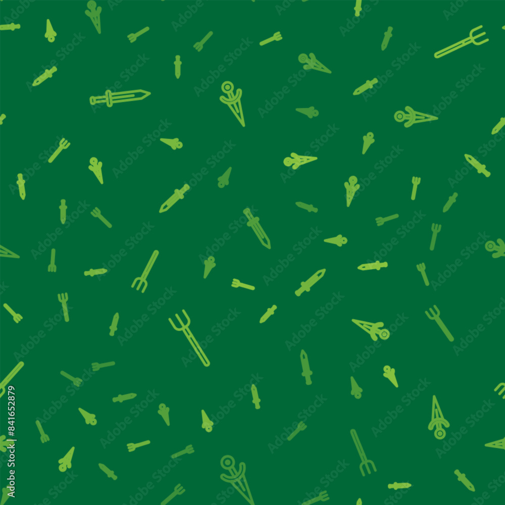 Poster set line medieval sword, garden pitchfork and dagger on seamless pattern. vector