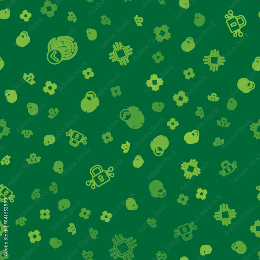 Poster set line fingerprint, cyber security and processor with microcircuits cpu on seamless pattern. vecto