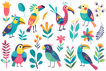 Set with funny bright exotic tropical fantasy birds and flowers. Vector illustration in flat style. Decorative folklore elements. 