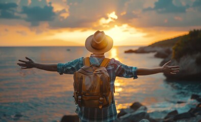 Fototapeta premium Back view of a happy traveler man with a backpack and hat raising arms enjoying the sunset on the beach - standing with hands up looking sunrise - Self-care, wellness and healthy lifestyle concept