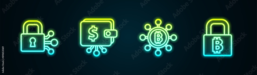 Poster set line lock with bitcoin, cryptocurrency wallet, blockchain technology bitcoin and . glowing neon 