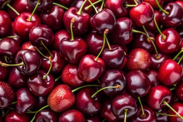 Background filled with the close-up details of ripe maroon cherries