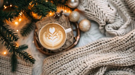 A coffee cappuccino with winter decoration, christmas background