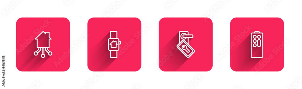 Poster set line smart home, with smart watch, digital door lock and remote control with long shadow. red sq