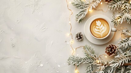 A coffee cappuccino with winter decoration, christmas background