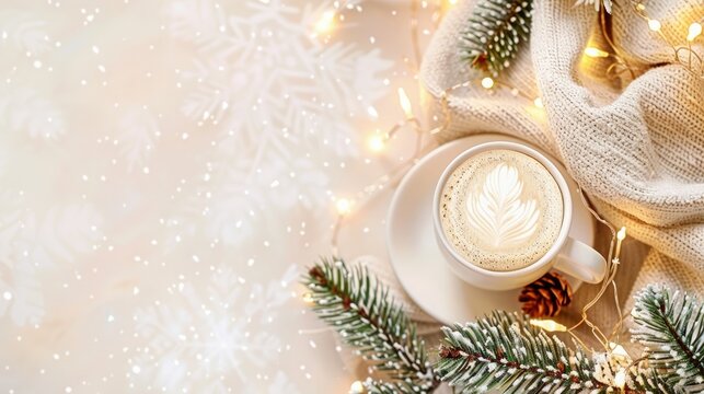 A coffee cappuccino with winter decoration, christmas background