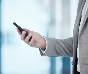 Businessman, hand and smartphone for internet with communication, social media and online news in office. Corporate guy, investment and mobile notification for trading app and stock market update