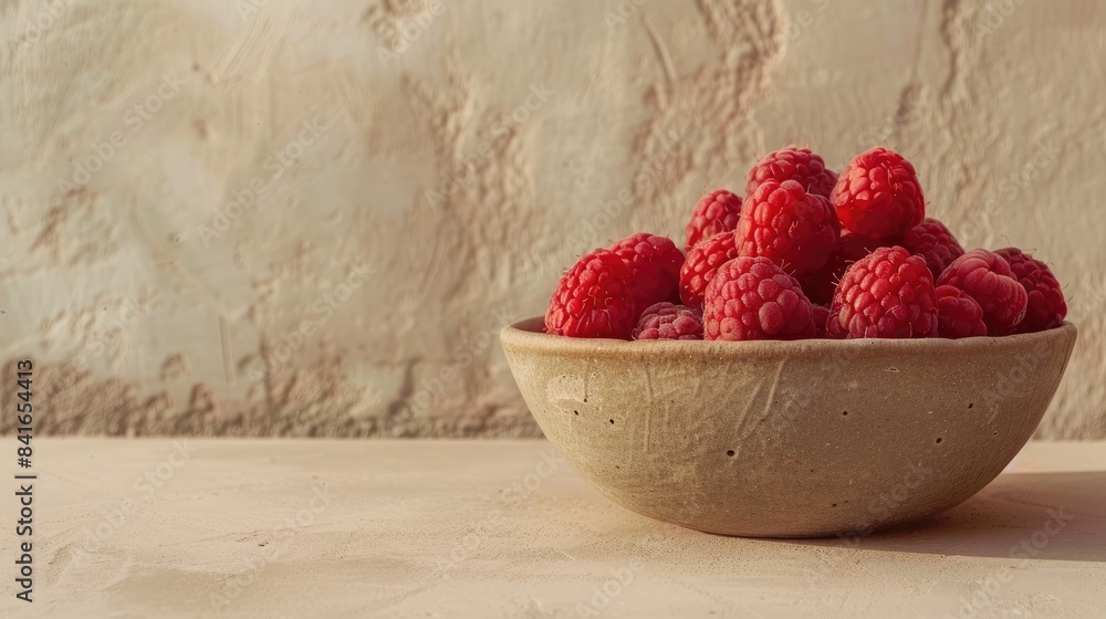 Aufkleber fresh raspberry in a bowl against a beige backdrop in closeup view