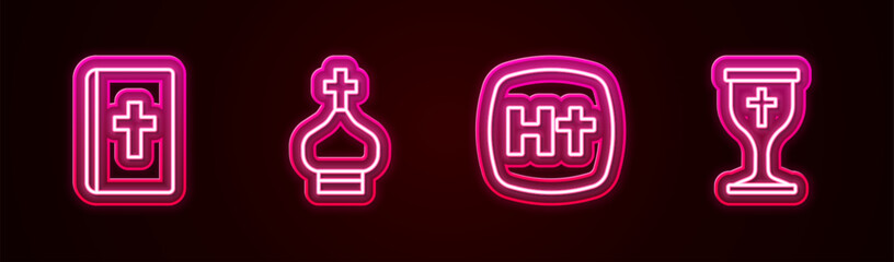 Set line Holy bible book, Christian church tower, cross and chalice. Glowing neon icon. Vector