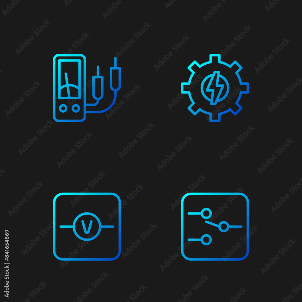 Poster set line switch in electronic circuit, voltmeter, ampere meter, multimeter and gear and lightning. g