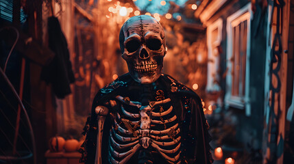 skeleton costume, spooky, hallowen, natural light, night