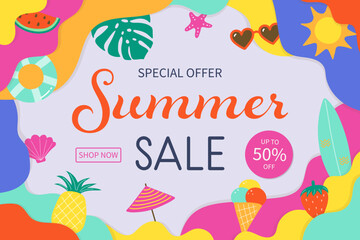 Abstract Summer Sale background with colourful elements. Vacation design. Vector illustration