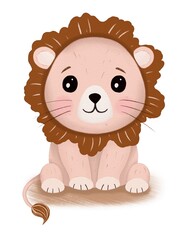 Baby lion animals of Africa, high-resolution illustration. Hand-drawn, on a white background. Suitable for postcards, prints, packaging, wallpaper, etc.