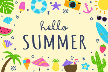 Colourful Hello Summer background with holiday elements. Vector illustration