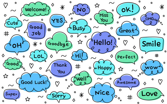 Hand drawn speech bubble box set with short text message. Doodle style icons. Vector illustration