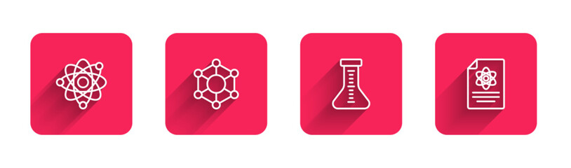 Set line Atom, Molecule, Test tube and Chemistry report with long shadow. Red square button. Vector