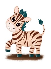 Baby zebra animals of Africa, high-resolution illustration. Hand-drawn, on a white background. Suitable for postcards, prints, packaging, wallpaper, etc.