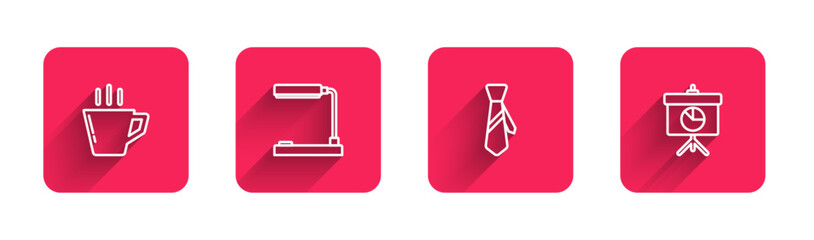 Set line Coffee cup, Table lamp, Tie and Chalkboard with diagram with long shadow. Red square button. Vector