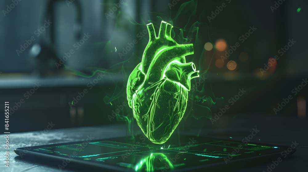 Poster a bright. minimalistic setting featuring a large tablet displaying a vibrant green holographic 3d he