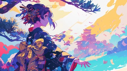Anime girl in Japanese style on a beach with pine trees, vibrant colors, money floating, white background, suitable for themes of fortune and elegance