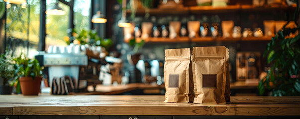 Realistic coffee packaging mockup with kraft paper bag. Rustic and natural design elements. Surrounded by coffee beans and placed on a wooden surface, creating an authentic atmosphere.